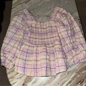 Ganni Pink and Yellow Plaid Smocked Blouse